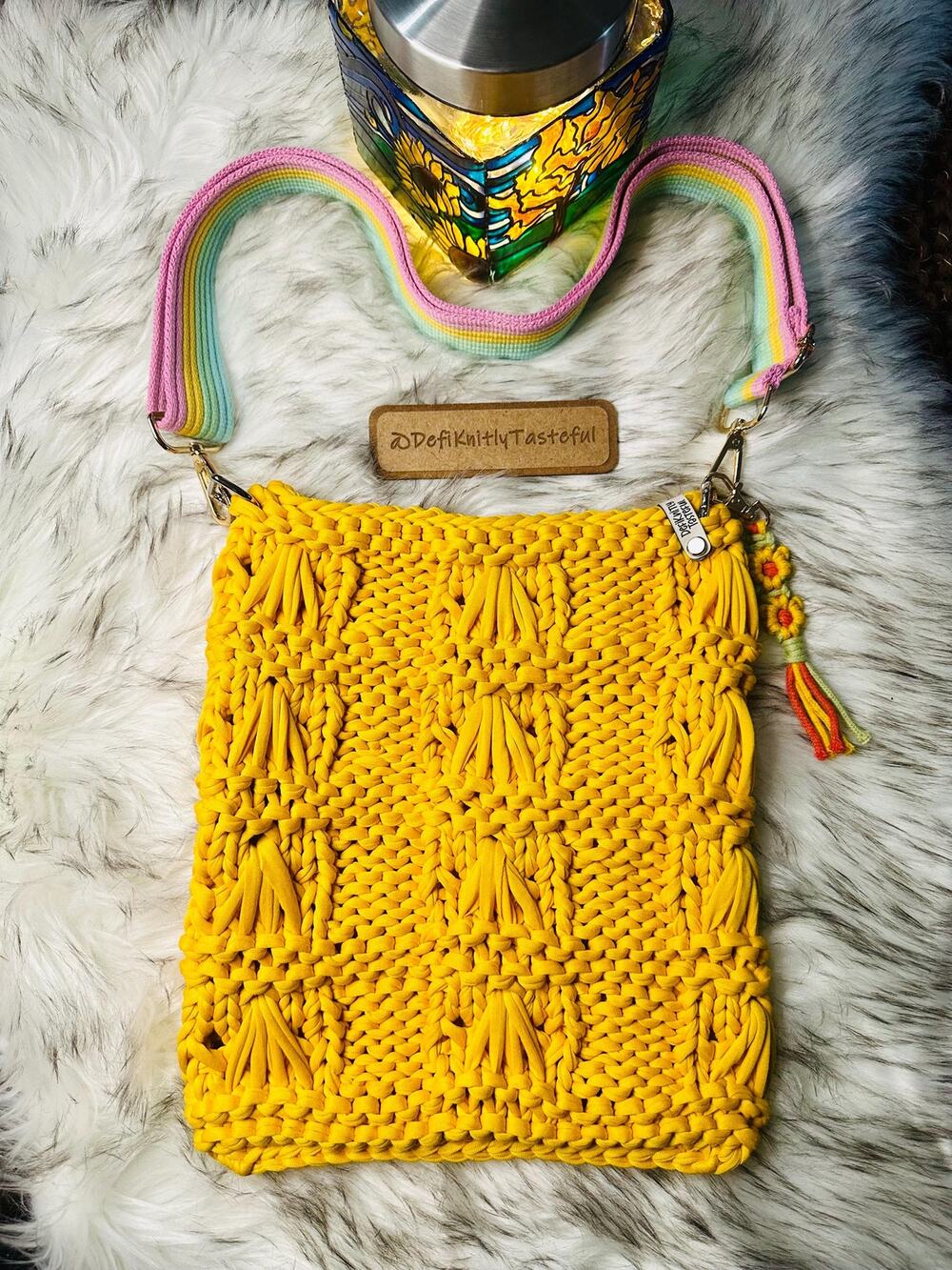 Hand Knit Yellow T-Shirt Yarn Purse: Lake Erie Bag with Guitar Strap
